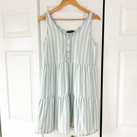 Velvet Heart Blue White Stripe Sleeveless Tiered Mini Dress Size Medium - Picture 1 of 5